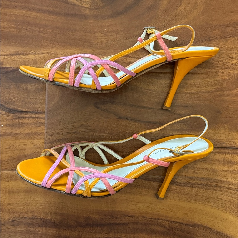 VINTAGE y2k Banana Republic Pink & Orange Leather Strappy Slingback Kitten Heels - Picture 4 of 5